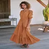 Vestidos Populares Europeus e Americanos Transfronteiriços, Roupas Femininas de Alto Padrão, Vestido Longo de Renda com Botões e Cadarço em V, Vestido Elegante e Sofisticado Estilo Francês