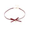 Collar burdeos con colgante de fresa y perla, gargantilla con lazo, cadena para clavícula para mujer