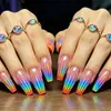 Comércio Exterior Mais Vendido 24 Peças Nail Art Laranja Pôr do Sol Gradiente Arco-íris Holográfico Aurora Comprimento Médio Unhas Bailarina Unhas Postiças Atacado