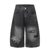 Calça Capri Jeans Rasgada Casual Estilo Americano com Bordado de Estrela, Unissex, Verão, Solta, Reta, Perna Larga, Comprimento Médio, Tendência