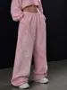 Pantalones de Chándal Anchos para Mujer con Letras de Pedrería, Estilo Retro Americano Desgastado, Pantalones Deportivos Casuales Convertibles con Puño, Pantalones de Cintura Alta de Longitud Completa