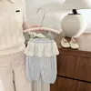 Calça de Verão Anti-Mosquito Azul e Branca Xadrez para Bebês e Crianças Pequenas Meninas com Cintura Elástica de Renda, Calça Longa Casual Respirável com Barra Ajustada