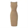 Elegante vestido midi regata sem mangas para mulheres, vestido bodycon de tricô franzido, vestido de verão slim-fit de alta qualidade