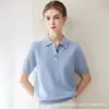 Blusa feminina de cashmere de manga curta, 100% cashmere puro, novo suéter com gola polo, blusa de tricô versátil de cor sólida com meia manga para o trabalho