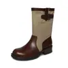 Botas de mujer hasta la pantorrilla con bloques de color de piel de vaca + tela, nuevo modelo de otoño, punta redonda de cuero genuino con hebilla de cinturón, botas casuales de tacón medio