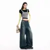 Jeans de pierna ancha para mujer transfronterizos, lavados, estilo americano, rotos, desgastados, azul vintage, pantalones largos