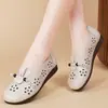 Zapatos de Cuero Transpirables Calados para Mujer, Zapatos Planos Antideslizantes para Mujeres de Mediana Edad y Mayores, Zapatos Casuales Finos Cómodos de Suela Suave para Mamás