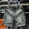 Shorts Jeans Europeus e Americanos Color Block para Homens no Verão Novo Estilo Botão Costura Cintura Elástica Cinco Pontos Calças Médias Finas Calças Culottes de Meio Comprimento