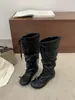 Botas longas estilo balé com laço para mulheres, coleção nova 2026, com salto oculto, design plissado e detalhe de amarração, botas longas fashion