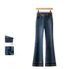Jeans acampanados de tiro alto azul oscuro hechos a medida para mujer, pantalones retro de campana ajustados con ribete de encaje para otoño