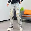 Jeans pitillo desgastados con graffiti pintado a mano para hombre, estilo callejero retro personalizado, pantalones ajustados