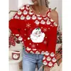 Top estampado de Papá Noel europeo y americano de Amazon 2023 comercio exterior para mujer otoño e invierno hombro oblicuo manga larga camiseta de tirantes