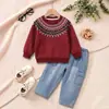 Novo Conjunto de Outono 2026 para Meninos: Blusa de Manga Longa Fair Isle Vintage e Calça Cargo Jeans Conjunto Elegante de Duas Peças