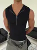 Colete masculino com capuz e meio zíper, cor sólida, estilo retrô americano, estilo verão, design único, corte solto, top versátil sem mangas