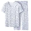 Pijama de algodão trançado de primavera com gola redonda e estampa, conjunto de pijama feminino para mãe de meia-idade e idosa, roupa de casa de verão, pijama de uma geração