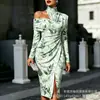 Transfronterizo Nuevo Estampado Digital Casual Personalidad Moda Temperamento Vestido de Manga Larga Hombros Descubiertos Falda Primavera y Otoño Mujer