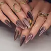 Cor Sólida Marrom Olho de Gato Flash Unhas Vestíveis Comprimento Médio Formato Amêndoa Manicure Unhas Postiças Atacado
