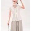 Top cinza de gola V slim fit estilo coreano para mulheres, camiseta top casual elegante com amarração de manga curta