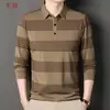 Nueva Camiseta Polo Casual Holgada de Manga Larga para Hombre Otoño 2025 con Cuello de Solapa y Rayas, Transpirable