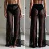2021Ins Pantalones de Malla Transparente Casual Sexy de Color Sólido con Volantes Transfronterizos Europeos y Americanos para Vacaciones en la Playa