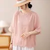 Camisa retro fresca de estilo chino de cinco mangas para mujer, camiseta fina de verano de cuello redondo holgada, top corto versátil y adelgazante