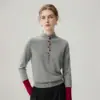 Suéter de tricô feminino simples de cashmere com gola alta parcial, abotoado, manga longa, modelagem justa, moderno, camada base versátil