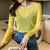 Camiseta básica de estilo occidental para mujer, nueva camiseta de verano de color caramelo, fina, sexy, con perspectiva, para uso exterior, holgada, con cuello redondo.
