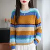 Nueva Colección Otoño/Invierno 2026: Suéter de punto para mujer de manga larga y cuello redondo con rayas de hilo de colores, jersey de ajuste holgado como capa base