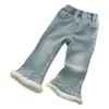 Ropa para Niñas Xie Jinmao, Estilo Invierno, Pantalones Forrados de Polar, Pantalones Acampanados de Mezclilla Calientes con Forro de Polar y Perlas, Elegantes