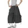 Calças cargo cropped femininas estilo retrô americano com cordão, pregas e bolsos grandes, novo estilo de verão, shorts tipo lanterna soltos, na moda
