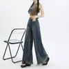 Jeans Feminino Wide Leg Retrô com Barra Desfiada Outono 2024 Novo Cintura Alta Pequena Solto Calça Caída
