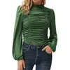 Camiseta Feminina Slim-fit de Gola Alta com Mangas Longas Bufantes e Pregas, Cor Sólida, Nova da Amazon, Outono e Inverno 2021, Cruzamento Europeu e Americano