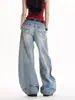 Jeans Reto Estilo Retro Americano Feminino Primavera 2025 Solto Bordado Fluido Casual Wide Leg Comprimento Total Azul