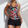 Novo biquíni sexy europeu e americano de 2022 com fenda Tankini shorts de cintura alta maiô floral maiô liso
