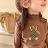 Camiseta Interior de Doble Cara De Rong para Niñas Temporada Otoño e Invierno Cuello Semi Alto Manga Larga Camiseta Infantil Cálida con Borde de Oreja de Madera Cepillada