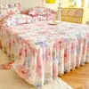 Saia de Cama de Algodão Puro com Acabamento de Renda Estilo Coreano Peça Única Todo Algodão Lençol de Cama de Verão Cobertura de Cama Universal para Todas as Estações Conjunto de Três Peças Estilo Princesa