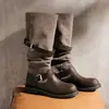 Botas Ocidentais Femininas 2026 Outono Novo Estilo com Salto Escondido, Botas de Cavaleiro com Fivela Dupla, Solado Grosso, Salto Plataforma, Botas Longas da Moda