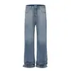 6944 Moda Callejera Americana de Alto Nivel Unisex Azul Lavado de Alto Gama Diseño Inverso Jeans Rectos Ligeramente Acampanados para Hombre