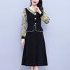 Vestido estilo occidental con estampado de empalme, otoño 2024, corte entallado, sencillo, con volantes, cuello en V, manga larga, falda de talla grande