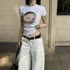 Xn Quiere Crear una Camiseta de Manga Corta de Color Puro con un Estampado de Retrato para Mujer, Verano Estilo Americano Chica Picante Ajustada Corta Top de Alta Elasticidad