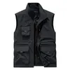 Chaleco nuevo transfronterizo para hombre, chaleco de exterior multi-bolsillo de alta gama con cuello alto, chaleco de color liso, secado rápido, talla grande para hombre