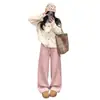 Pantalones Acolchados de Rayas Verticales Gruesos y Cálidos para Otoño e Invierno, Pierna Ancha para Mujer, Estilo Perezoso, Cintura Alta, Adelgazantes, Dos Formas de Usar, Rectos Sueltos, Casuales