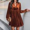 Vestido de Terciopelo con Cuello en V de Venta Caliente Europea y Americana Amazon Vestido de Fiesta Transfronterizo Falda Larga tipo Muñeca para Mujer