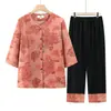 Estilo Novo de Verão Manga Três Quartos Gola Alta Conjunto de Terno para Mãe Estilo Chinês Cardigã Solto Moda Feminina Conjunto de Duas Peças para Pessoas de Meia-Idade e Idosas