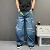 Calça Jeans Estampada de Corrente Hip-Hop da Moda para Homens, Azul Escuro, Desgastada, Rasgada, Perna Larga Solta, Calça Alienígena com Grafite