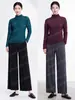 Top Miyake de color liso con pliegues y manga larga, textura de grano de maíz, cuello semi-alto, elástico, corte ajustado, camiseta versátil