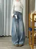 Jeans azul claro de pierna ancha para mujer, diseño de otoño con bordado, tiro alto, corte holgado, adelgazantes, fluidos, pierna recta, pantalones de largo hasta el suelo