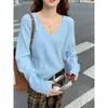 Tricô Gola V Feminino Outono e Inverno Estilo Preguiçoso Tricô Solto 2024 Nova Camisa Básica com Top Azul Outono e Inverno