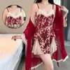 Lingerie Sexy, Tentação Doce, Pijama de Manga Voadora, Decote em V Profundo Costas Nuas Com Bojo, Camisola Flocked, Robe Exterior, Conjunto Feminino