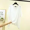 Camiseta Holgada de Cuello V Asimétrica con Manga Tres Cuartos Verano Delgada de Modal Talla Grande Top de Media Manga Color Sólido Camisa Básica